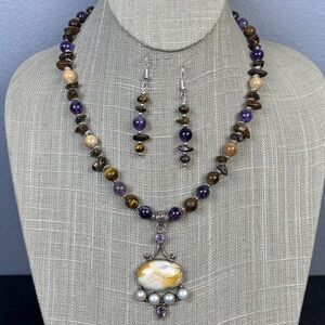 Handmade Necklace & Earrings 925 Silver Tigers Eye Amethyst Quartz Natural Stone